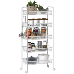 HOMCOM Carrello da Cucina con 5 Cestini a Rete in Acciaio Bianco