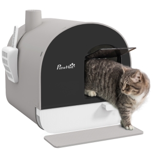 PawHut Caixa de Areia para Gatos Fechada com Porta Dianteira Bandeja Removível Pá Tapete e Filtro 43x44x47 cm Cinza