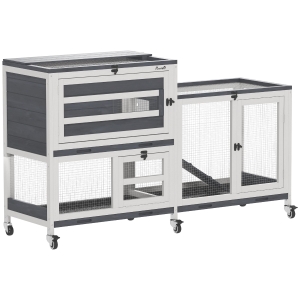 PawHut Kaninchenstall aus Massivholz 2 Etagen mit Rollen, 3 Tabletts, für 2-3 Kaninchen, 147 x 45 x 89,5cm, Grau
