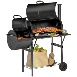 Outsunny Stalen Houtskoolgrill BBQ Smoker met Deksel, Thermometer, Wielen, Luchttoevoer, Kolenbak