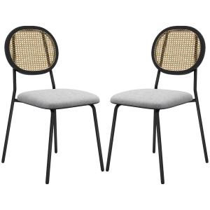 HOMCOM Set mit 2 Dining-Stühlen, Küchenstühle, Rattanrücken, atmungsaktiver Stoff, Stahlrahmen, 44 x 54 x 87 cm, Grau