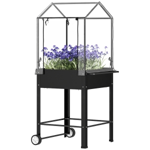 Outsunny Hochbeet mit Kunststoffabdeckung, erhöhte Gartenjardiniere mit Rädern und Ablaufloch, 67 x 69 x 147 cm, schwarz