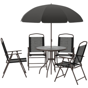 Outsunny Gartenmöbel-Set, 6-teilig - Runder Tisch + 4 klappbare Stühle + Sonnenschirm - Epoxidbeschichteter Stahl Kaffee Textilene Polyester Schwarz