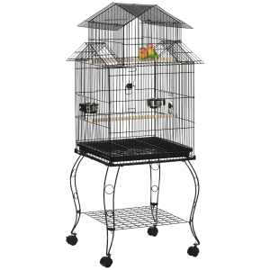 PawHut Gaiola para Pássaros com Rodas Bandeja Amovível Portas Comedouro Poleiro e Prateleira Inferior 50x49x137 cm Preto