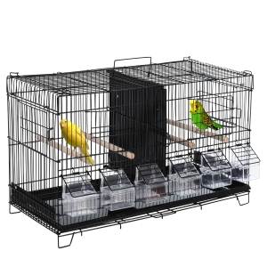 PawHut Gaiola para Pássaros com Divisória Ganchos Superiores Portas Comedouros Poleiros e Bandeja Amovível 59,5x26,5x39,5 cm Preto