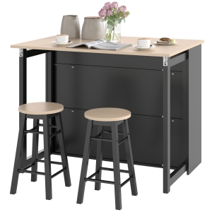 HOMCOM Ensemble de bar 3 pièces, Table de bar avec plateau pliable, 2 tabourets de bar, 6 compartiments de rangement, noir+chêne, 116 x 70 x 89,5 cm