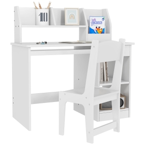 ZONEKIZ Escritorio y Silla para Niños con Almacenaje para Estudio Lectura y Juegos Mesa 90x45x90 cm y Silla 32x31,5x65 cm Blanco