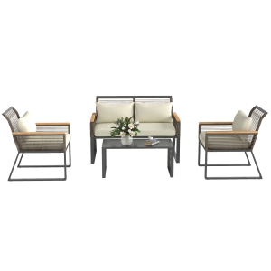 Outsunny Polyrattan Tuinmeubelset voor 4 Personen, Weerbestendig Balkonmeubelset met 2-Zits Sofa, 2 Stoelen, Glastafel en Zitkussens, Beige