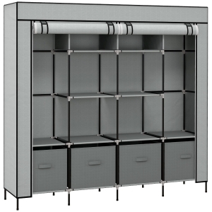 HOMCOM Armario Ropero de Tela Armario Portátil con 10 Compartimentos 2 Rieles Colgantes y 4 Cajones 166x42,5x169,5 cm Gris