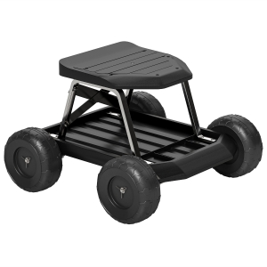 Outsunny Asiento de Jardín con Ruedas Taburete de Jardinería con Bandeja de Herramientas Carga 130 kg 50x49x32 cm Negro