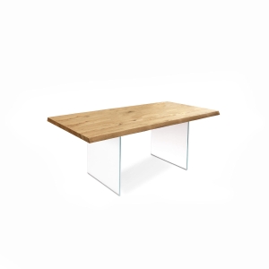 E-STYLO Tavolo allungabile con top in truciolare e gambe in vetro temperato extra trasparente, 90x160/240x76cm, rovere naturale, vetro trasparente
