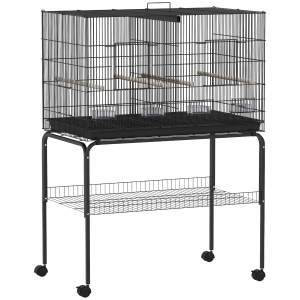 PawHut Gaiola para Pássaros com Divisória Rodas Gaiola para Aves com Comedouros Poleiros e Bandeja Removível 94x57x128 cm Preto
