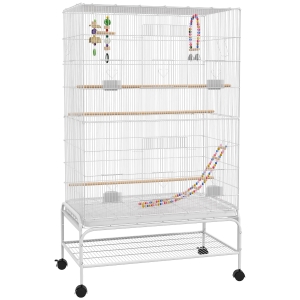 PawHut Gaiola para Pássaros com Rodas com 4 Comedouros 3 Poleiros Brinquedos Bandeja Amovível e Prateleira 79x49x133 cm Branco