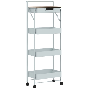 HOMCOM Carrinho Auxiliar com Rodas de 4 Níveis Carrinho de Cozinha com 1 Gaveta e 3 Cestos Carrinho Organizador 45x29,5x117,5 cm Verde