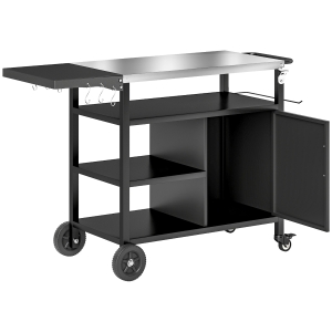 Outsunny Desserte jardin chariot de barbecue avec plateau en acier inoxydable tablette pliable, crochets, housse inclus,, noir