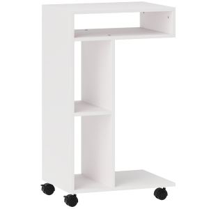 HOMCOM Mesa Auxiliar para Sofá Mesa Auxiliar en Forma de C con Ruedas Compartimentos Abiertos 40x30x69 cm Blanco