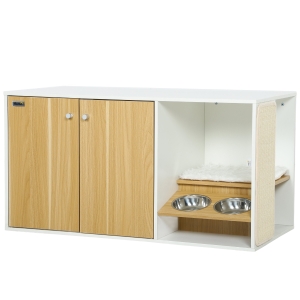 PawHut Móvel Caixa de Areia para Gatos 3 em 1 Mesa Auxiliar Caixa de Areia para Gatos com Tapete para Arranhar 95x48x50,5 cm Branco e Carvalho