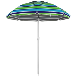 Outsunny Sombrilla de Playa Ø178x205 cm con Reclinación 45° Altura Ajustable Anti-UV Impermeable y Bolsa de Transporte Multicolor