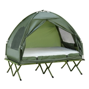 Outsunny Cama Doble de Camping Plegable con Tienda de Campaña 4 en 1 Cama de Campamento Elevada con Colchón Hinchable y Bolsa de Transporte Tela Oxford Acero 193x145x180 cm Verde