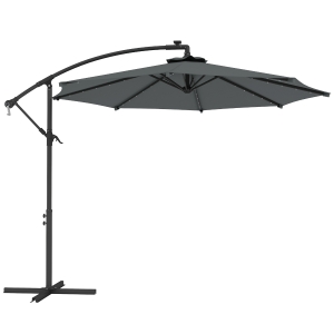 Outsunny Chapéu de Sol Excêntrico Ø294 cm com 32 Luzes LED Solares Base Cruzada e Capa de Proteção Anti-UV 30+ Cinza Escuro