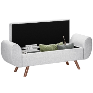 HOMCOM Panca Contenitore Fondo Letto con Braccioli in Tessuto, Gambe in Legno e Vano da 53.8L, 132x42x50 cm, Grigio