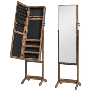 HOMCOM Espelho Joalheiro de Pé com Ângulos Ajustáveis Fechadura Magnética Organizador de Joias com Prateleiras 46x36,5x151,5cm Marrom Rústico