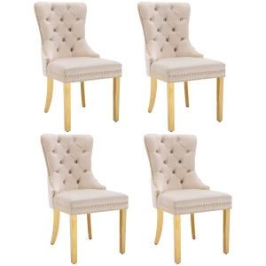 Set de 4 scaune de sufragerie tapițate în catifea, cu decorațiuni cu nituri și inele rotunde unice, 51x65,5x95 cm, Bej