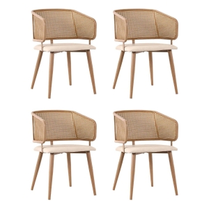 Set aus 4 Esszimmerstühle mit Rattan-Rückenlehne, PU-Leder Sitzkissen, 51L×54B×79H cm, Beige Braun
