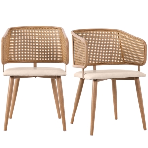 Juego de 2 Sillas de Comedor con Respaldo de Ratán, Cojín de Asiento de Cuero Sintético, 51x54x79 cm, Beige