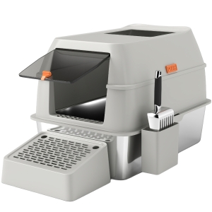 PawHut Caixa de Areia para Gatos Fechada de Aço Inoxidável com Abertura de Saída e Pá 60,2x40,5x40,5 cm Cinza Claro