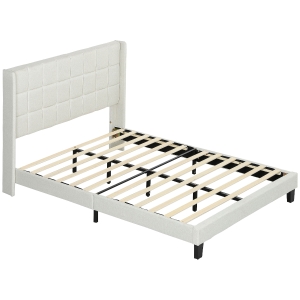 HOMCOM Cama 135x190 cm Estrutura de Cama com Cabeceira Estofada em Linho e Espaço de Armazenamento Debaixo da Cama Bege