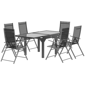 Outsunny Set de Grădină cu Masă Extensibilă din Sticlă și 6 Scaune de Exterior Pliabile, Oțel și Textilenă, Gri