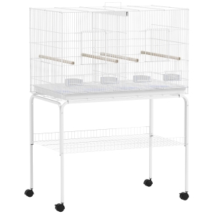 PawHut Gaiola para Pássaros com Divisória Rodas Gaiola para Aves com Comedouros Poleiros e Bandeja Removível 94x57x128 cm Branco