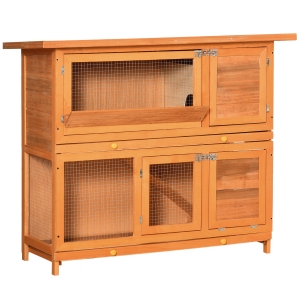 PawHut Cușcă pentru Iepuri din Lemn pentru Exterior cu Căsuță și Gard pe 2 Nivele, 122x48x100 cm