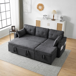 3-in-1 Convertible Sofa Bed with Internal Storage Chaise, L Shaped Sleeper Sofa with Cup Holders and Pillows, 211L x 130W x 86H cm, Grey