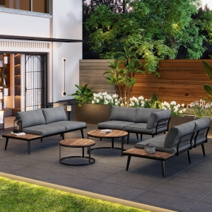 6-Piece Garden Lounge Set with Acacia Wood Tables, Galvanised Iron Frame, Ideal for Indoor and Outdoor Use, 160L x 64W x 75H cm, Grey