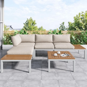 Elegant Outdoor Garden Lounge Set with Wooden Table, Thick Cushions, L-Shaped Corner Sofa for 4 People, 145L x 60W x 80H cm, Beige