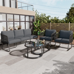 Space-Saving Outdoor Garden Lounge Set with Glass Coffee Table, Adjustable Foot Pads, Versatile Sofa Set for Patio, Porch, Backyard, Grey