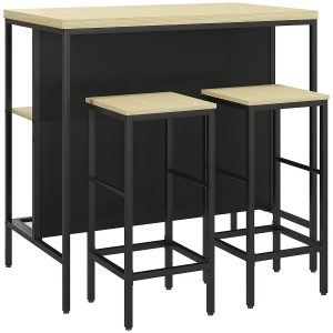 HOMCOM Conjunto de Mesa de bar y 2 taburetes estilo industrial con estante de almacenamiento reposapiés metal Negro y aspecto madera