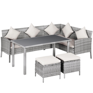 Outsunny Conjunto de salón de jardín para 6 personas sofá esquinero + 2 reposapiés + mesa de comedor 9 cojines de asiento y respaldo