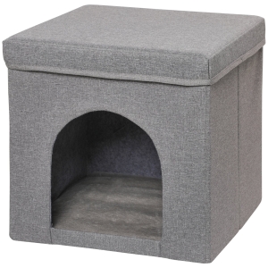 PawHut Katzenhaus Versteck Würfel falten mit Kratzbrett weiche Plüschkissen Leinen-Optik-Stoff 36,5 x 36,5 x 36,5 cm Grau