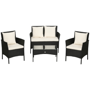 Outsunny Ensemble de Jardin 4 Pièces en Rotin avec 2 Chaises, Fauteuil de Jardin 2 Places et Table Basse