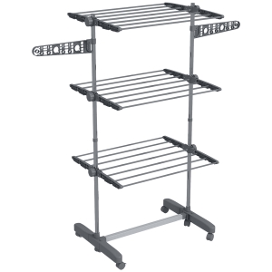 HOMCOM Tendedero Vertical con 3 Estantes Ajustables en Acero y Plástico 142x55x152 cm Grisy Plateado