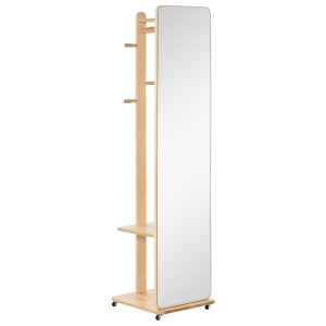 HOMCOM Specchio A Terra Con Ruote - Appendiabiti, 4 Ganci Ripiano MDF Effetto Legno Chiaro