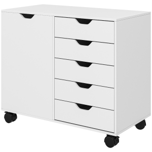 HOMCOM Büroaufbewahrungsmöbel 5 Schubladen 1 Tür verstellbares Regal, Druckerständer auf Rollen, 78x40x66,5 cm, weiß