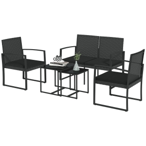 Outsunny Ensemble de Jardin avec 2 Chaises, Canapé et 2 Tables avec Coussins et Plateau en Verre, Noir