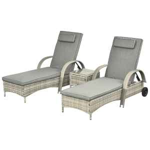 Outsunny Tumbona de jardín mesa 3 piezas conjunto de muebles ratán sintético + metal Gris