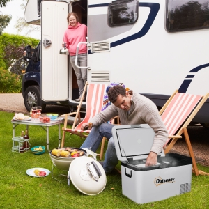 Outsunny Elektrische tragbare Kühlbox 25L 12/24V bis -20℃ Kompressor-Kühlschrank und -Gefrierschrank für Auto mit LED-Licht und klappbaren Griffen Niedriger Energieverbrauch für Zuhause Camping 58,5x33,5x35,2 cm Weiß