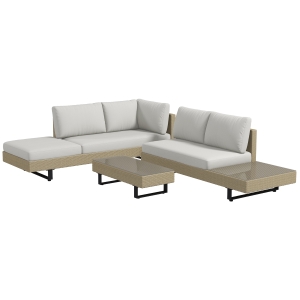 Outsunny Salotto da Giardino ad Angolo da 5 Posti, Design Contemporaneo, Cuscini Sfoderabili, Tavolino, Acciaio Verniciato a Polvere, Resina Intrecciata, Beige