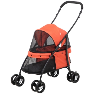 PawHut Haustier-Kinderwagen Faltbar mit Verstellbarem Sonnendach, Tasche und 2 Sicherheitsgurten, 82x47x97 cm, Rot und Schwarz